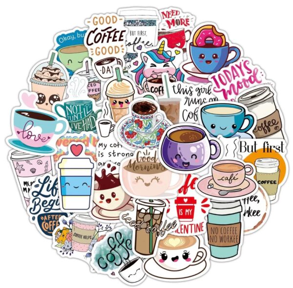 25/50 Count - Anime Cups and Drinks, Boba, Bubble Tea, Coffee Themed Cartoon Vinyl Stickers