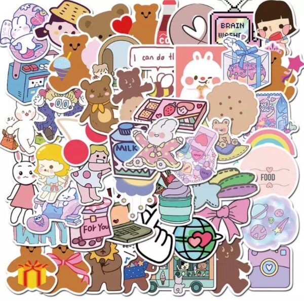 50 Count - Cute Bunny Bear Cat Cream Bear pack,  journaling stickers Japanese Character Vinyl Stickers