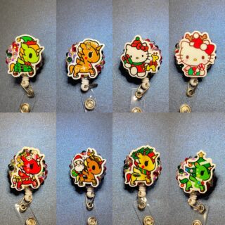 Christmas Theme Hello Kitty and Unicorn - alligator clip - badge reel