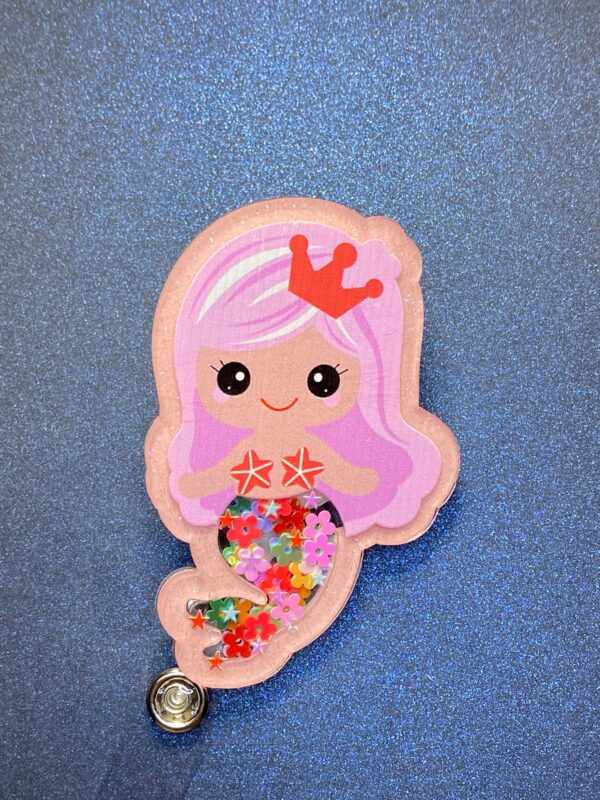 Mermaid With Flower Shaker - alligator clip - badge reel